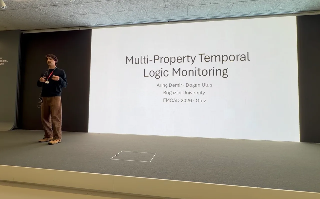 Arınç presenting Multi-Property Temporal Logic Monitoring, with the title slide naming Arınç Demir and Doğan Ulus at FMCAD 2026 in Graz.